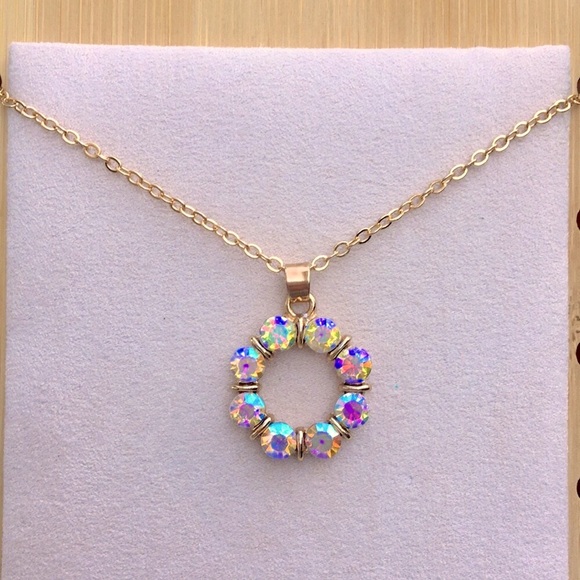 Jewelry - Aurora Borealis + Gold Crystal Circle Pendant Necklace